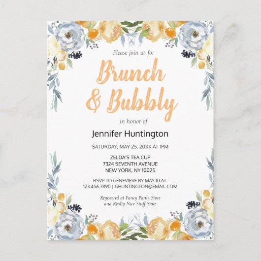 Bruiloft Brunch & Bubbels Bruidsuitnodiging Bloem Briefkaart (Voorkant)