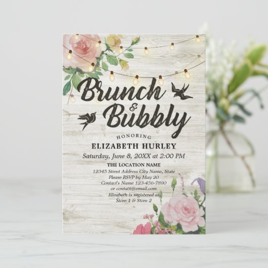 Bruiloft brunch & bubbels met bloem slingerlampjes kaart (Staand voorkant)