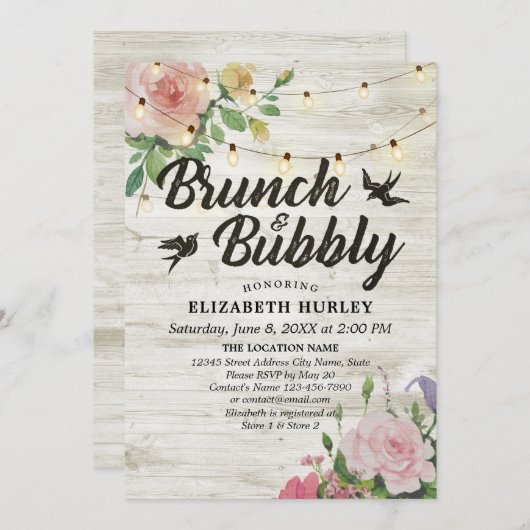 Bruiloft brunch & bubbels met bloem slingerlampjes kaart (Voorkant / Achterkant)
