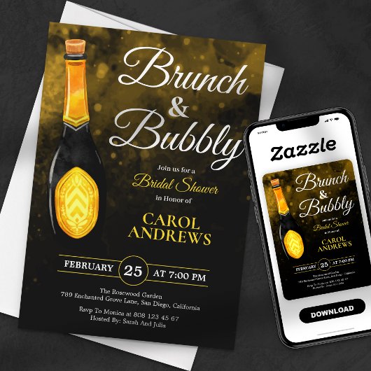 Bruiloft Brunch en Bubbel Zwart & Goud Bruidsfeest Kaart