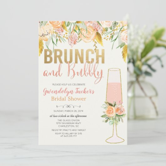 Bruiloft brunch en bubbels bruidsuitnodiging kaart (Staand voorkant)