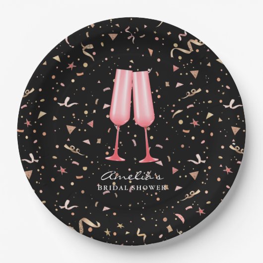 Bruiloft brunch en bubbels zwart papieren bordje (Voorkant)