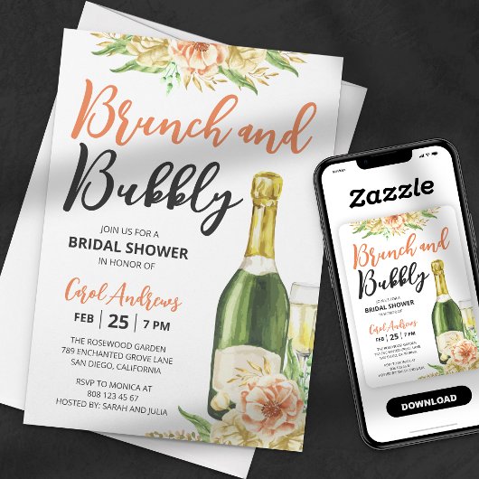 Bruiloft Brunch & Mousserende Wijn Waterverf Bloem Kaart