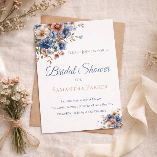 Bruiloft Brunch Stof Blauw Wilde Bloementuin Kaart