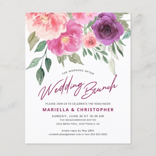 Bruiloft Brunch Waterverf Roos Pioen Budget Flyer (Voorkant)