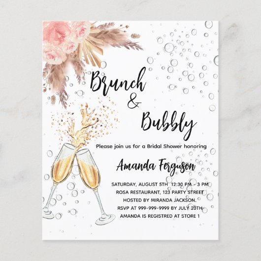 Bruiloft bubbels brunch pampas budget uitnodiging flyer (Voorkant)