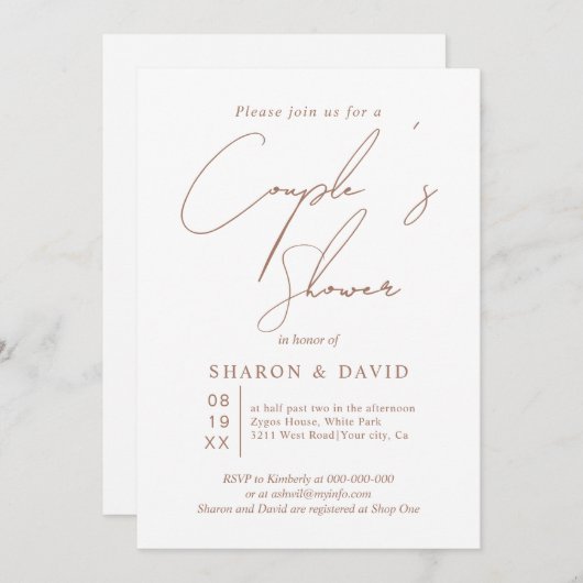 Bruiloft calligraphy mokka en witte couple's showe kaart (Voorkant / Achterkant)