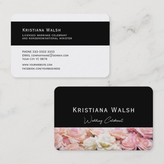 Bruiloft Celebrant zwart met roze bloemen Visitekaartje (Voorkant / Achterkant)