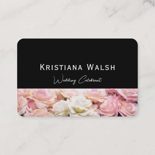 Bruiloft Celebrant zwart met roze bloemen Visitekaartje (Achterkant)