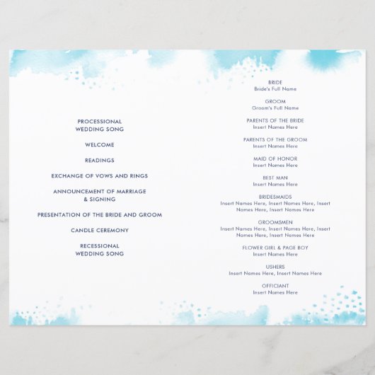 BRUILOFT CEREMONIE handbeletterde aqua blauw water (Achterkant)