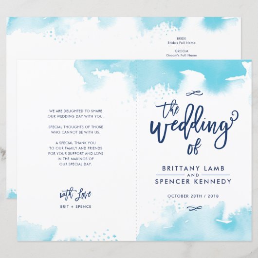 BRUILOFT CEREMONIE handbeletterde aqua blauw water (Voorkant / Achterkant)