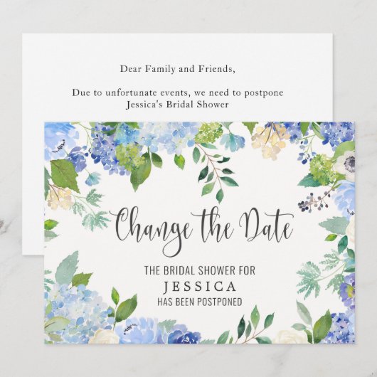 Bruiloft Change of Plans Blauwe Hortensia Kaart (Voorkant / Achterkant)