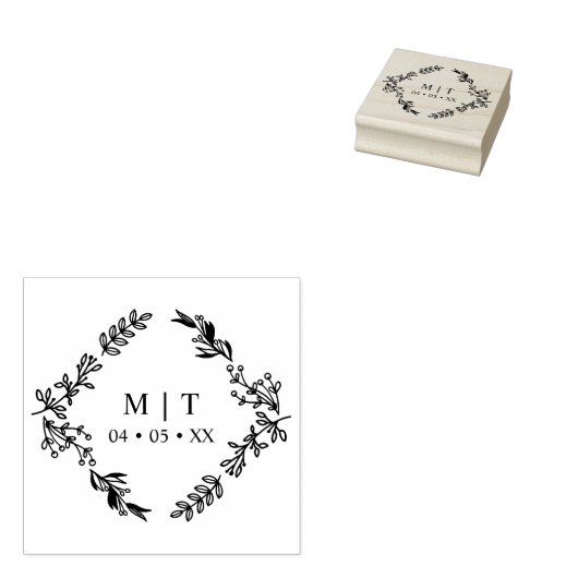 Bruiloft Chic Diamond Wildflower Initialen Monogra Rubberstempel (Gestempeld)