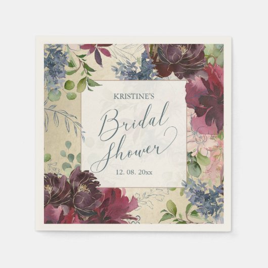 Bruiloft Chic Marsala Bloem Waterverf Goud Servet (Voorkant)