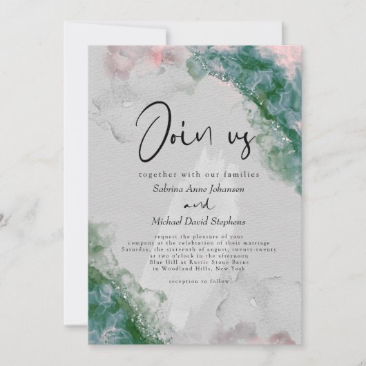 BRUILOFT | Chic Pine en Blush Abstract Alcohol Ink Kaart (Voorkant)