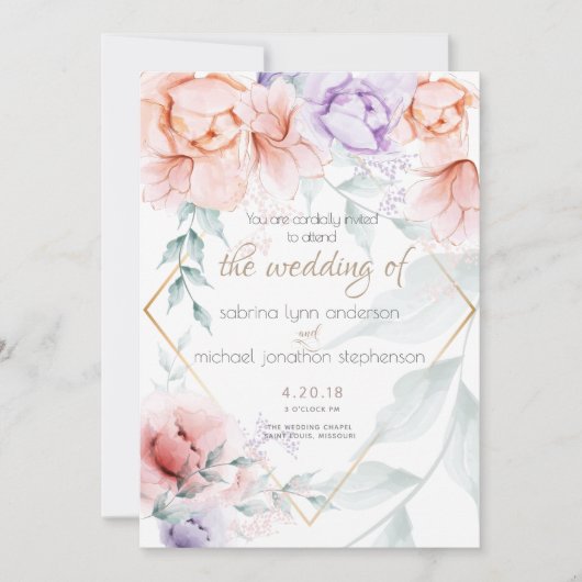 Bruiloft |Chic Trendy Coral en Lila Aquarelle Kaart (Voorkant)