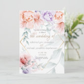 Bruiloft |Chic Trendy Coral en Lila Aquarelle Kaart (Staand voorkant)