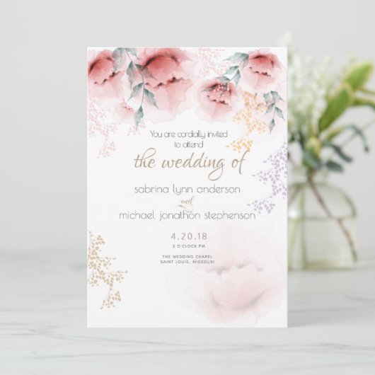 Bruiloft |Chic Trendy Coral en Lila Aquarelle Kaart (Staand voorkant)