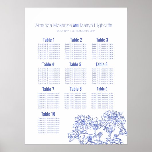 Bruiloft chrysant blauw getekende kunst tafel plan poster (Voorkant)