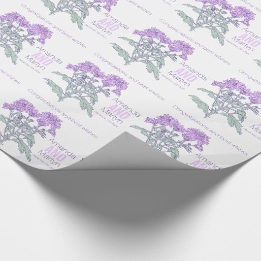 Bruiloft chrysant paarse naam datum wrap cadeaupapier (Hoek)