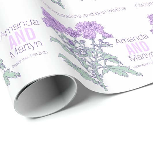 Bruiloft chrysant paarse naam datum wrap cadeaupapier (Rol Hoek)