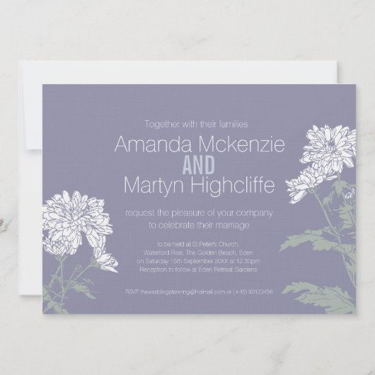 Bruiloft chrysant witte bloem op grijze bruiloft kaart (Achterkant)