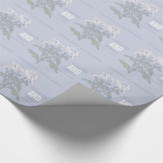 Bruiloft chrysant witte naam date wrap cadeaupapier (Hoek)