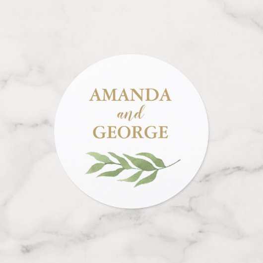 Bruiloft confetti groen botanisch en goud (Kleine voorkant)