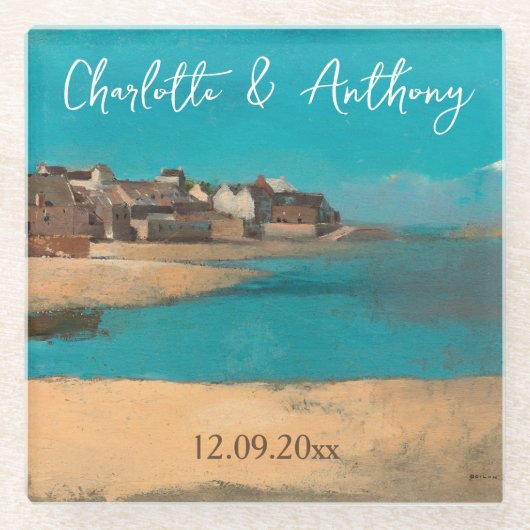 Bruiloft Creatief Dorp Zee Sky Impressionist Glazen Onderzetter (Voorkant)