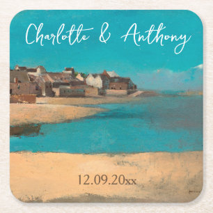 Bruiloft Creatief Dorp Zee Sky Impressionist Kartonnen Onderzetters