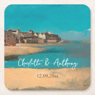 Bruiloft Creatief Dorp Zee Sky Impressionist Kartonnen Onderzetters