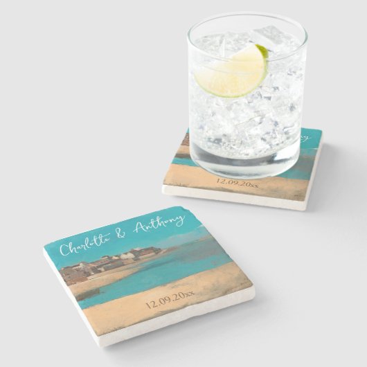 Bruiloft Creatief Dorp Zee Sky Impressionist Stenen Onderzetter (Zijkant)