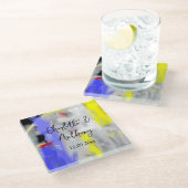 Bruiloft Creatieve Abstracte Kunst Blauw Geel Wit Glazen Onderzetter (Schuin)