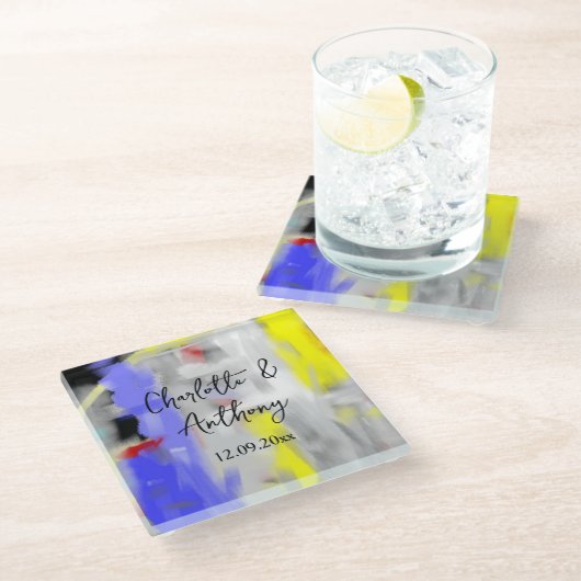 Bruiloft Creatieve Abstracte Kunst Blauw Geel Wit Glazen Onderzetter (Schuin)