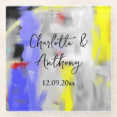 Bruiloft Creatieve Abstracte Kunst Blauw Geel Wit Glazen Onderzetter (Voorkant)