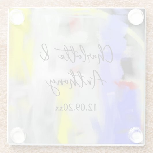 Bruiloft Creatieve Abstracte Kunst Blauw Geel Wit Glazen Onderzetter (Achterkant)