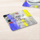 Bruiloft Creatieve Abstracte Kunst Blauw Geel Wit Kartonnen Onderzetters (Schuin)