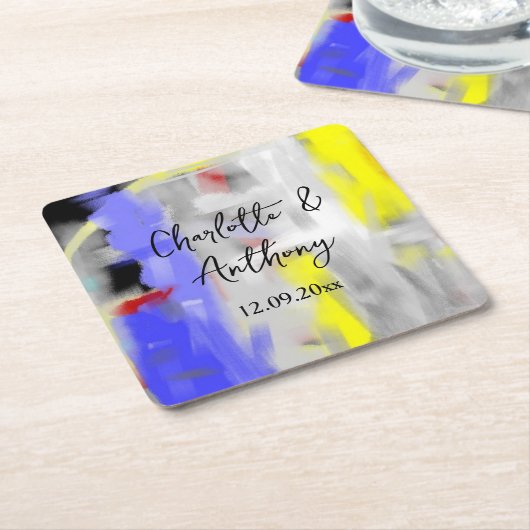 Bruiloft Creatieve Abstracte Kunst Blauw Geel Wit Kartonnen Onderzetters (Schuin)