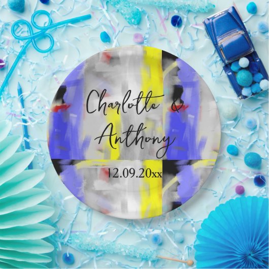 Bruiloft Creatieve Abstracte Kunst Blauw Geel Wit Papieren Bordje (Feest)