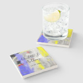 Bruiloft Creatieve Abstracte Kunst Blauw Geel Wit Stenen Onderzetter (Zijkant)