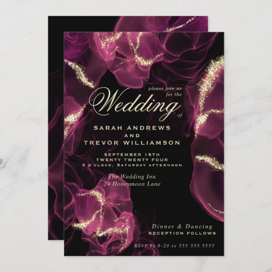 Bruiloft | Crimson Berry Alcohol Ink Kaart (Voorkant / Achterkant)