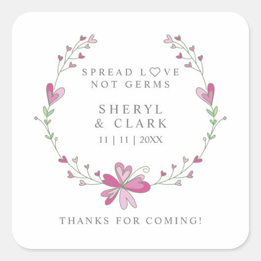 Bruiloft Custom Roze Bloemen Krans Sanitizer Vierkante Sticker (Voorkant)