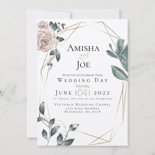 BRUILOFT | Custom -Waterverf Blush Dusty Roos Gold Kaart (Voorkant)