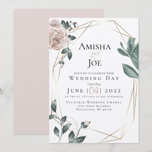 BRUILOFT | Custom -Waterverf Blush Dusty Roos Gold Kaart (Voorkant / Achterkant)