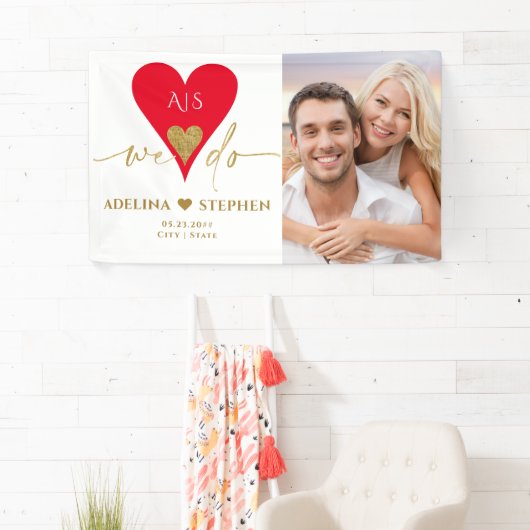 Bruiloft Dag Elegant Hart Minimaal Goud Rood Foto Spandoek (Insitu)