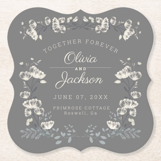 Bruiloft dag gepersonaliseerde grijze bloemen mode kartonnen onderzetters (Voorkant)