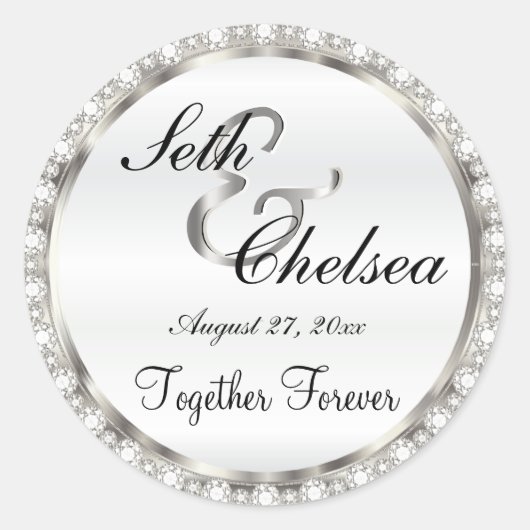 Bruiloft Dag Zilver en Wit Satijn & Faux Diamonds Ronde Sticker (Voorkant)