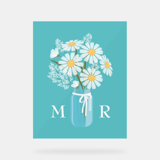 Bruiloft Daisies Mason Jar Monogram Initiaal Blauw Acryl Bord (Voorkant)