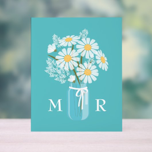 Bruiloft Daisies Mason Jar Monogram Initiaal Blauw Acryl Bord (Neutraal)