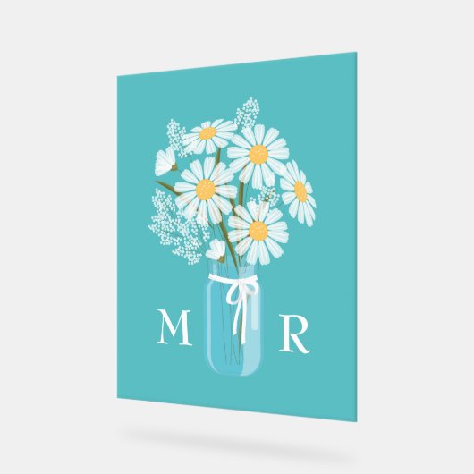 Bruiloft Daisies Mason Jar Monogram Initiaal Blauw Acryl Bord (Hoek)
